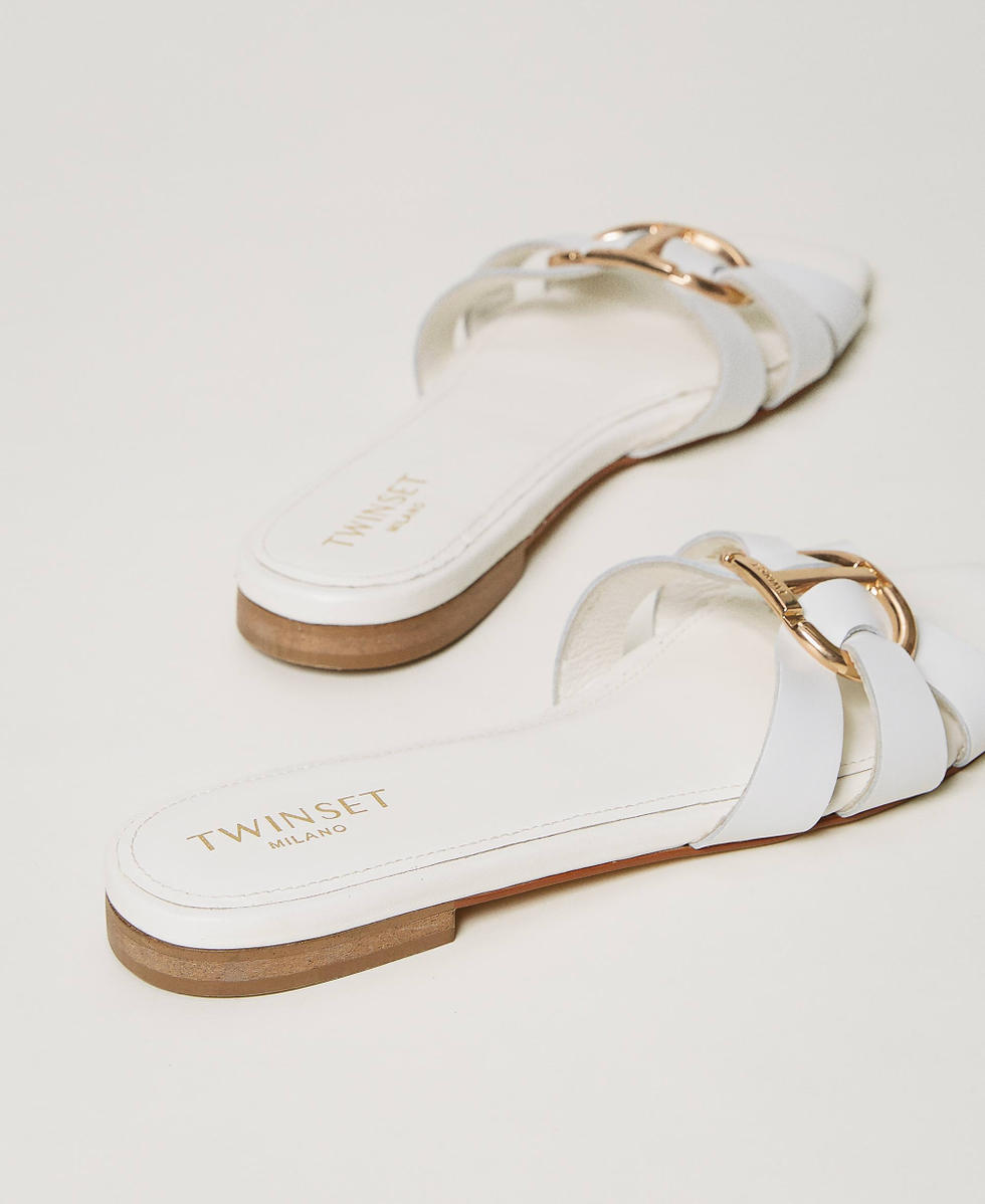 Leather slides with Oval T Woman, White | TWINSET Milano