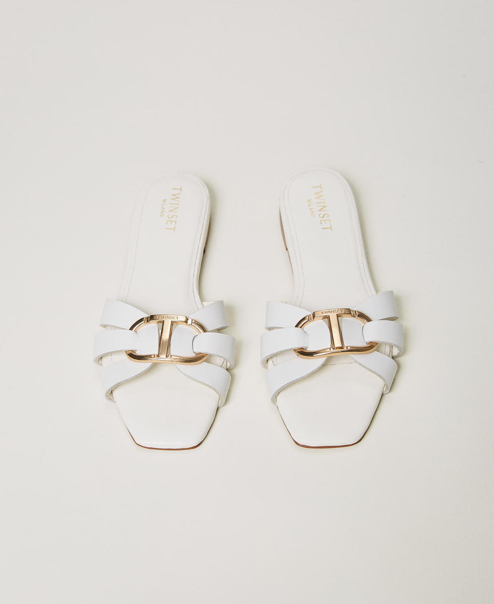Leather slides with Oval T Woman, White | TWINSET Milano