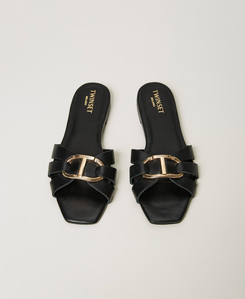 Sandales slides en cuir avec Oval T Noir Femme 241TCT120-04