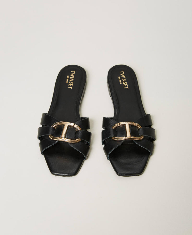 Leather slides with Oval T