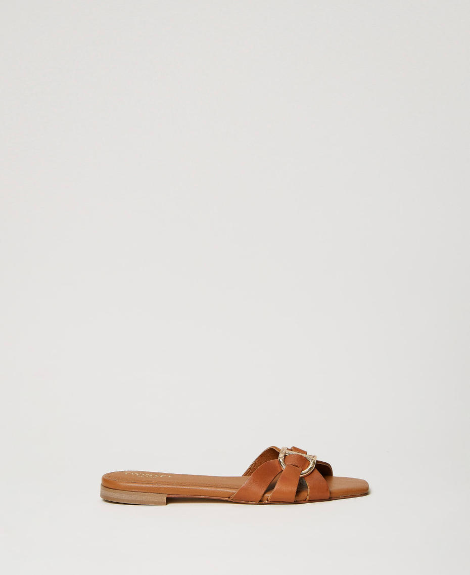 Leather slides with Oval T Leather Brown Woman 241TCT120_00057_01