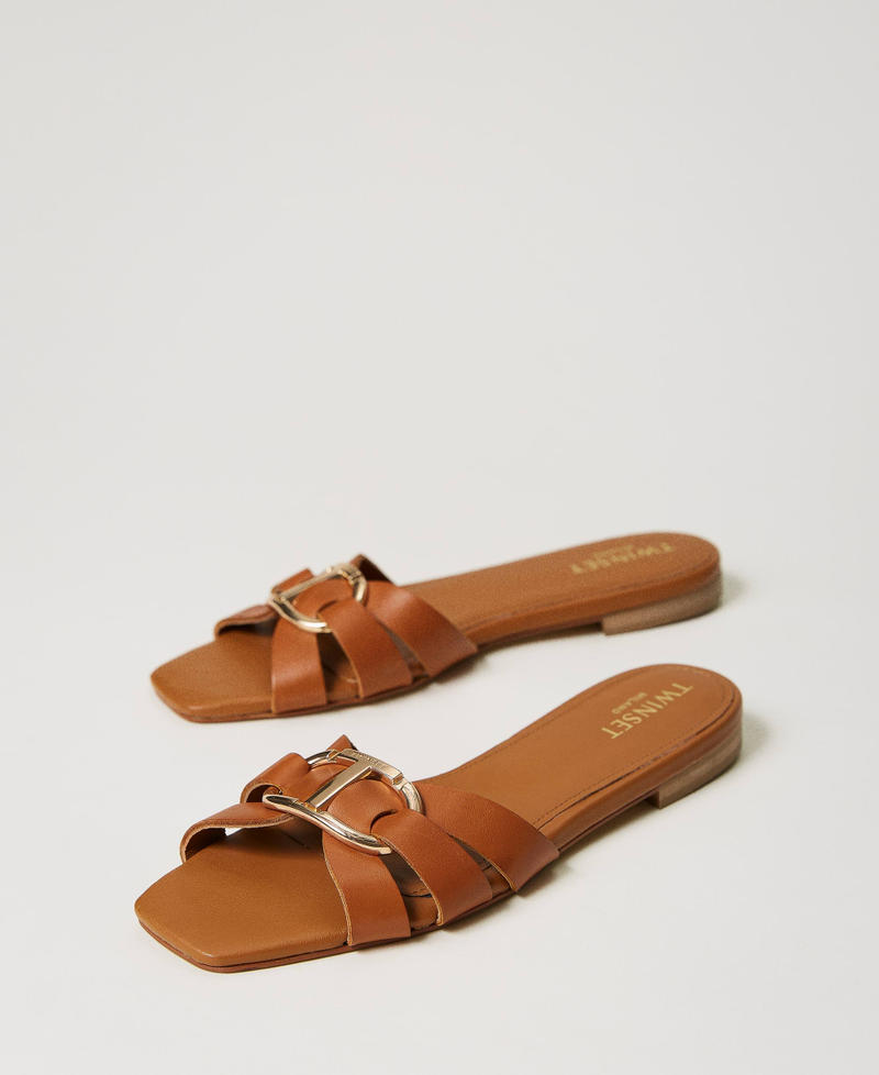 Leather slides with Oval T Leather Brown Woman 241TCT120-02