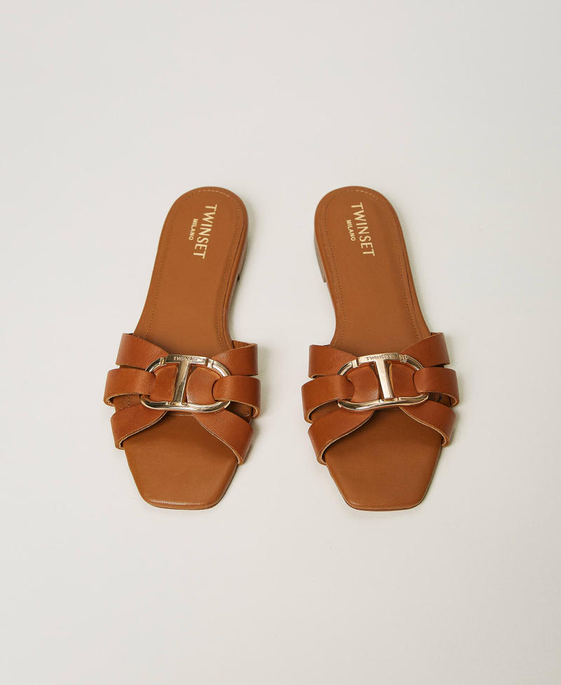 Leather slides with Oval T Leather Brown Woman 241TCT120-04