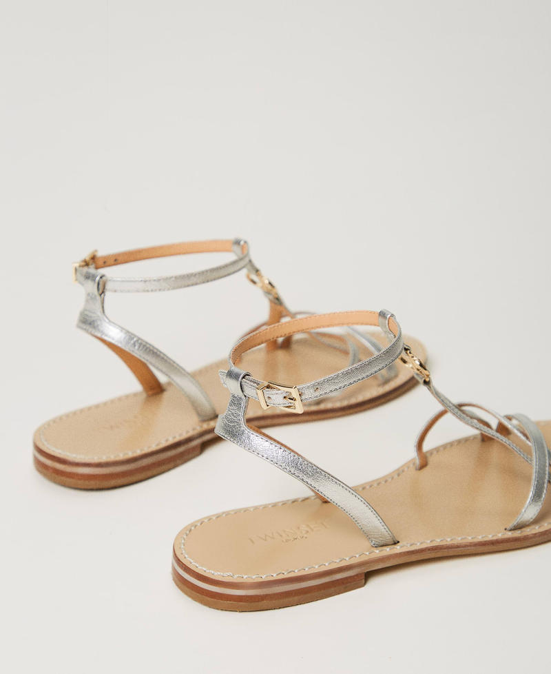 Laminated leather sandals with straps Silver Woman 241TCT122-03