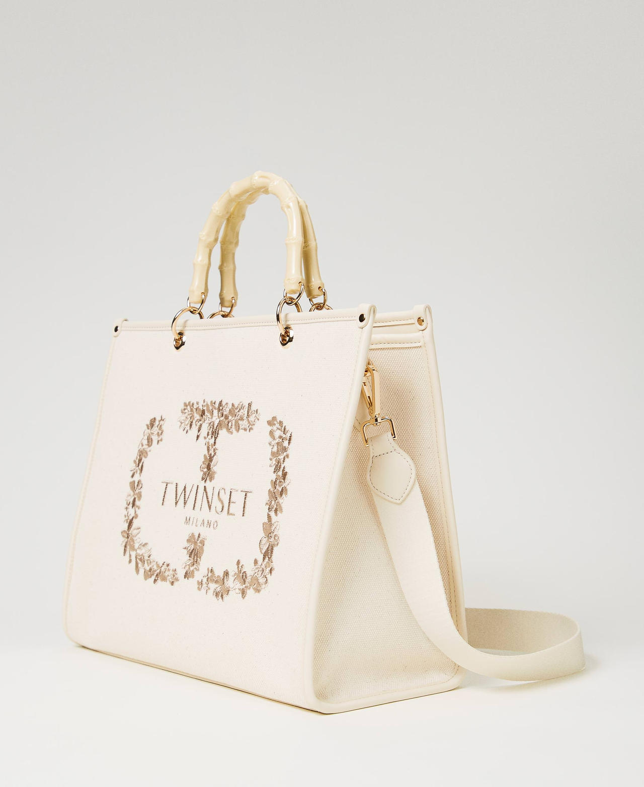 ‘Bloom’ canvas shopper with Oval T embroidery "Parchment" Beige Woman 241TD8120-02