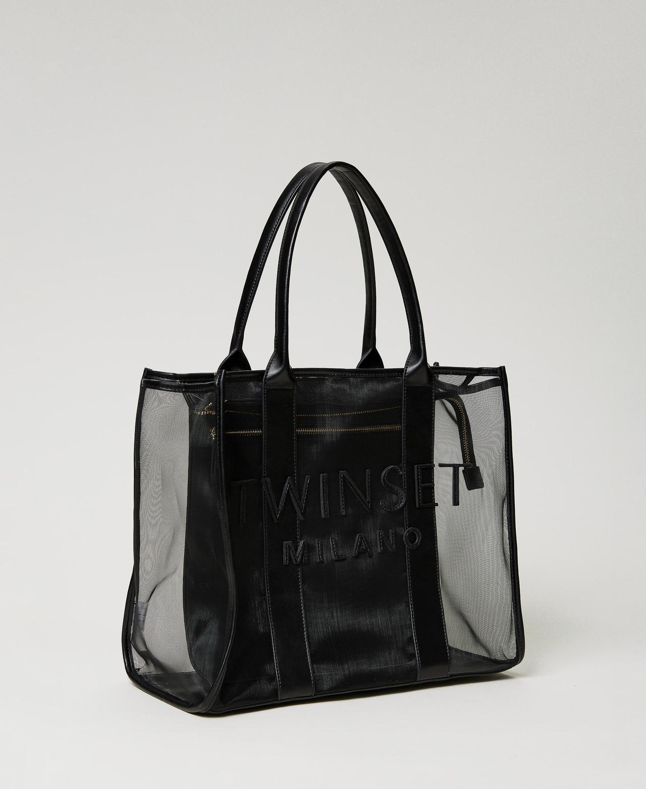 Mesh shopper with logo Woman Black TWINSET Milano