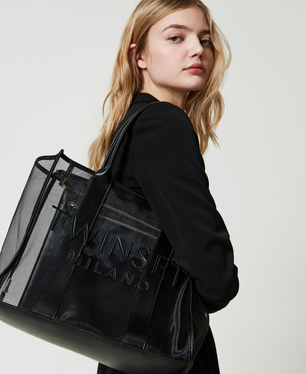 Mesh shopper with logo Woman Black TWINSET Milano