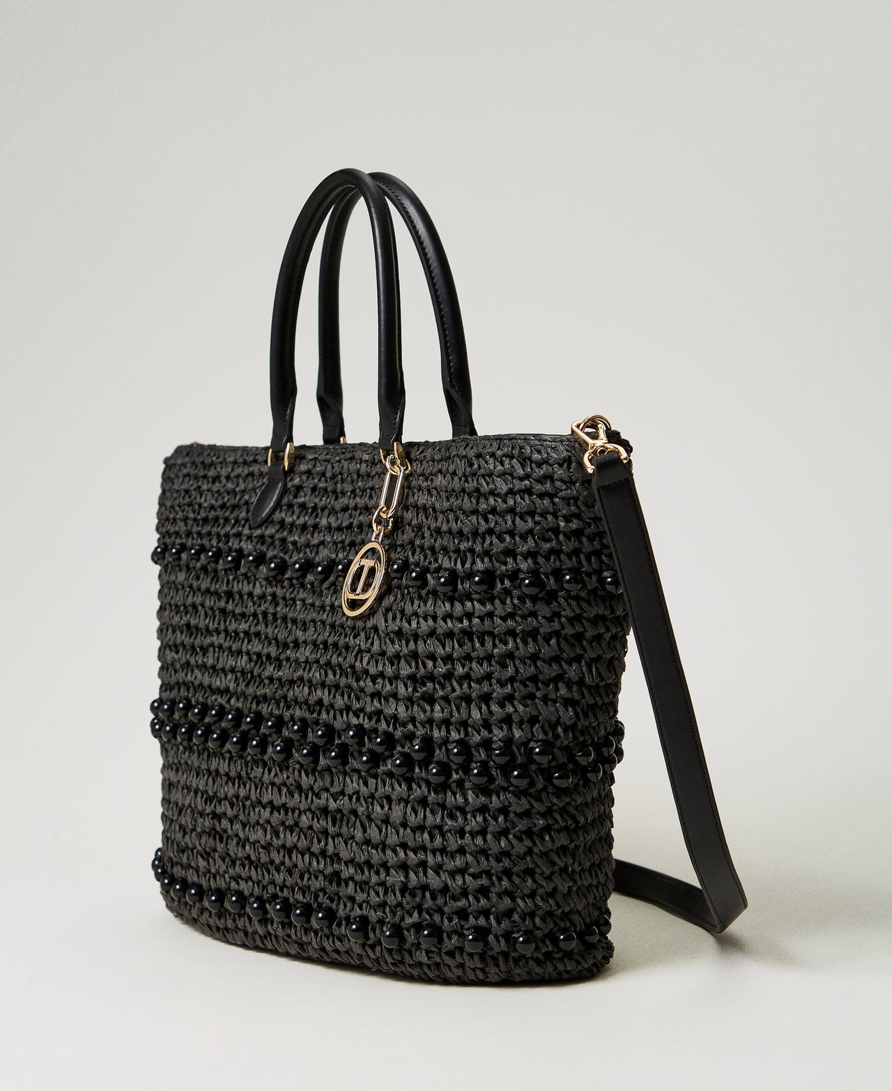 Crocheted raffia shopper with beads Black Woman 241TD8170-02