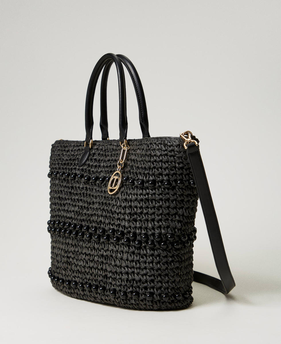 Borsa shopper in rafia crochet con perle Nero Donna 241TD8170_00006_02