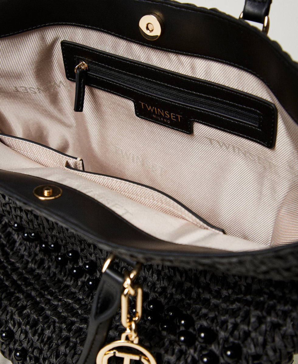 Borsa shopper in rafia crochet con perle Nero Donna 241TD8170_00006_04