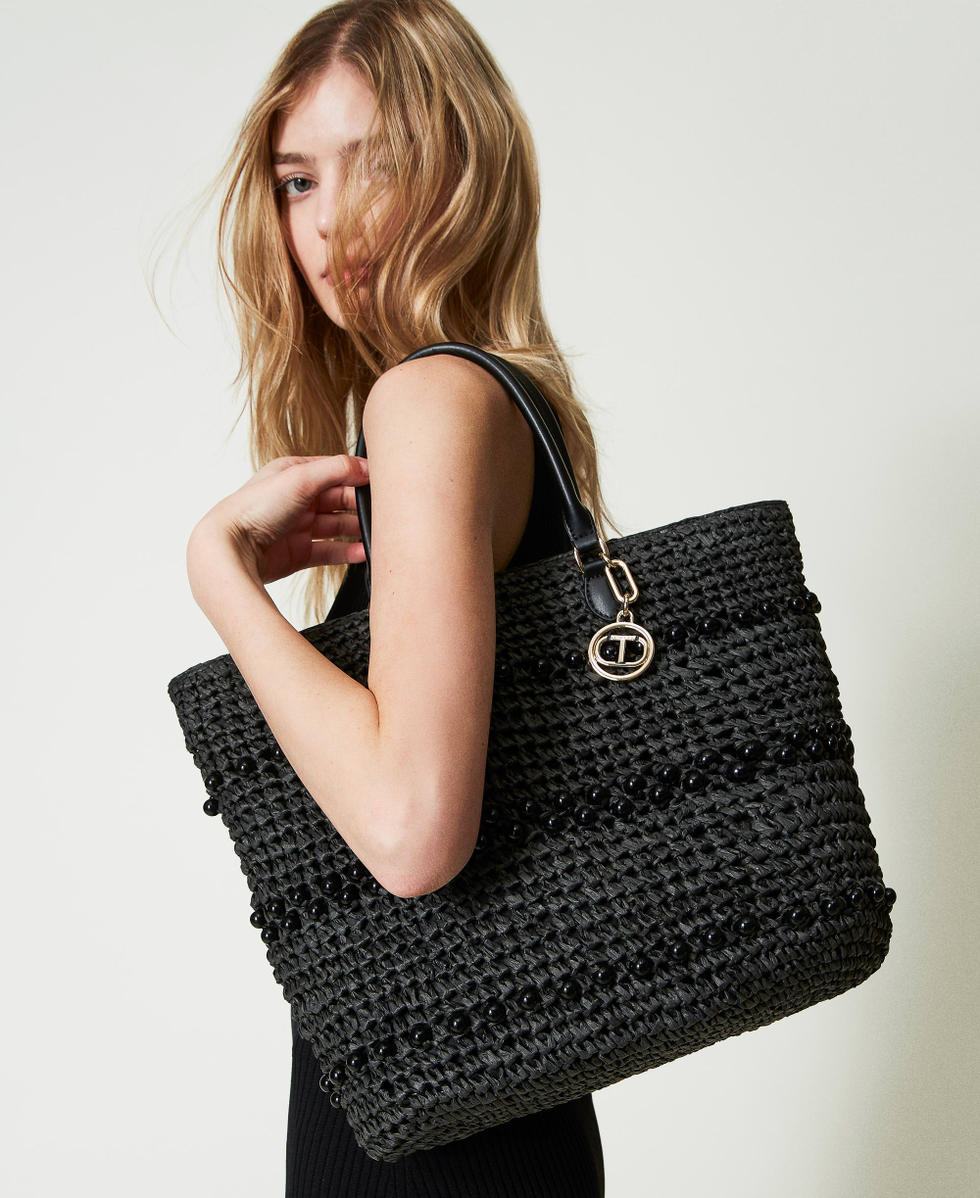Borsa shopper in rafia crochet con perle Nero Donna 241TD8170_00006_S0
