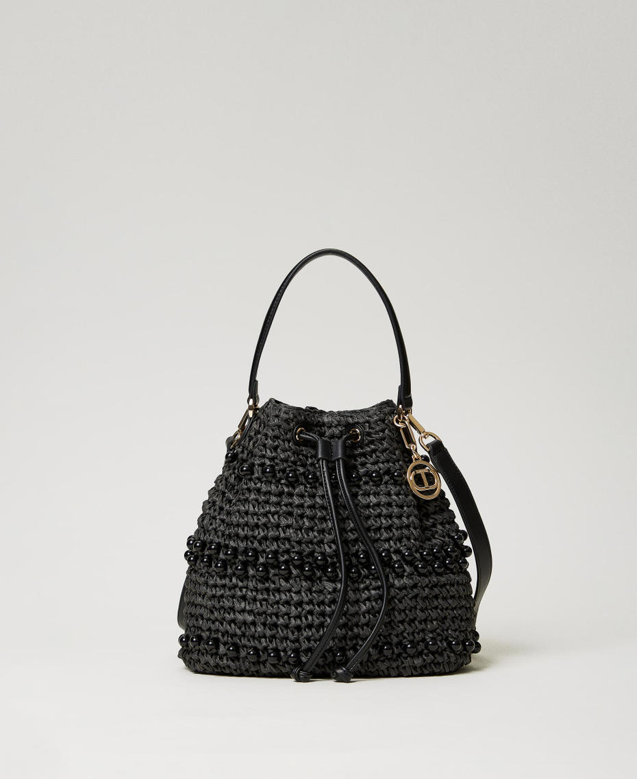 Crocheted raffia bucket bag with beads Black Woman 241TD8171-01