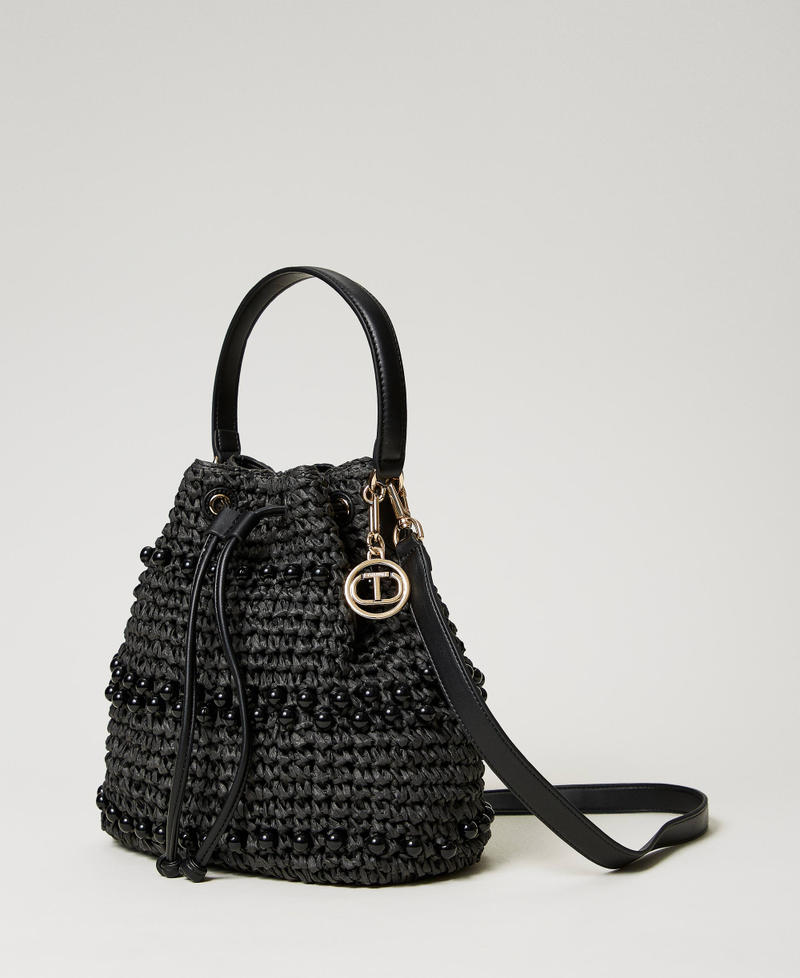 Crocheted raffia bucket bag with beads Black Woman 241TD8171-02