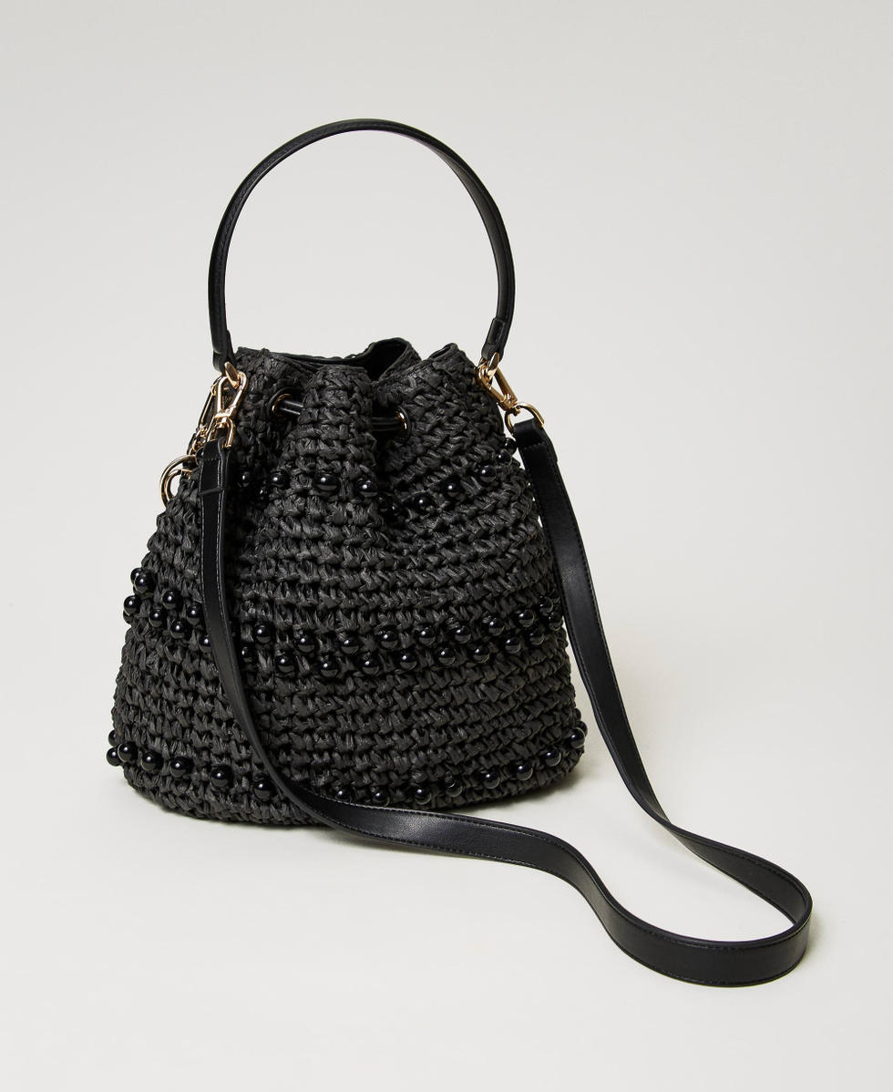 Borsa secchiello in rafia crochet con perle Donna Nero TWINSET Milano