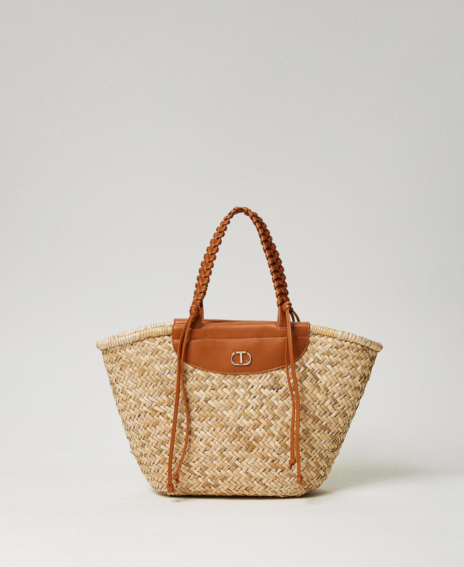 Woven straw shopper Two-tone "Straw" Beige / "Leather" Brown Woman 241TD8180-01