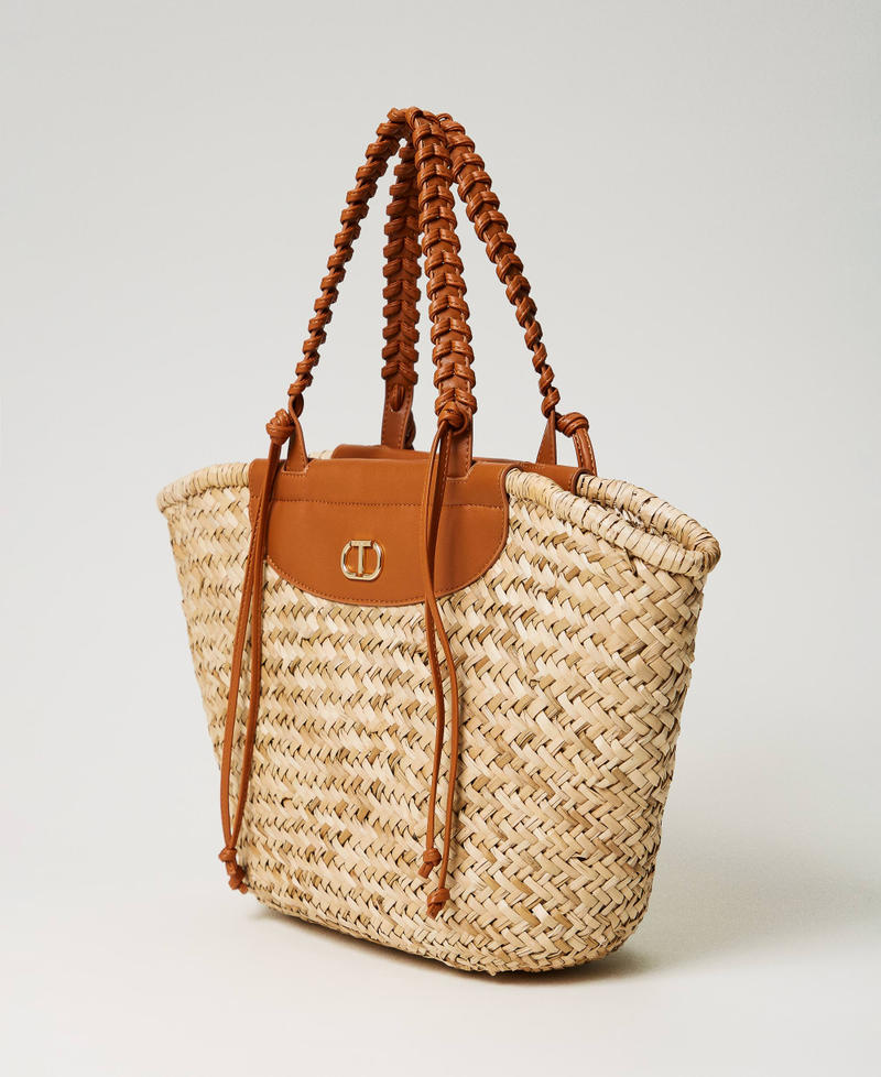 Woven straw shopper Two-tone "Straw" Beige / "Leather" Brown Woman 241TD8180-02