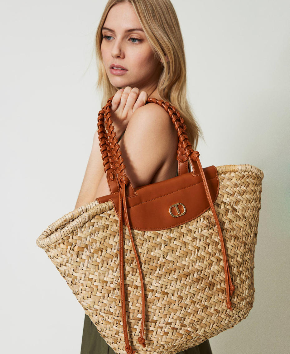 Woven straw shopper Two-tone "Straw" Beige / "Leather" Brown Woman 241TD8180-0S