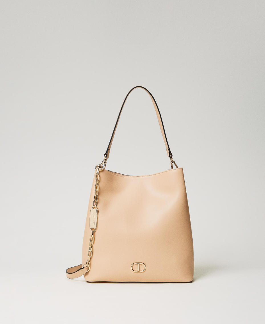 Leather-like hobo bag with Oval T Caramel Woman 241TD8272-01