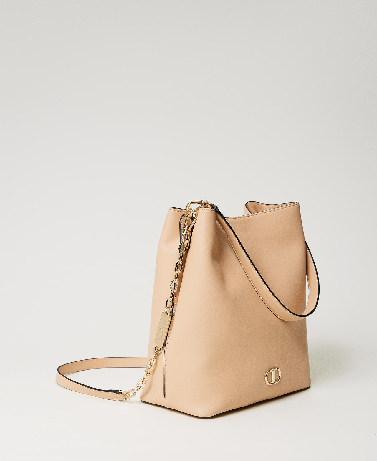 Leather-like hobo bag with Oval T Caramel Woman 241TD8272-02