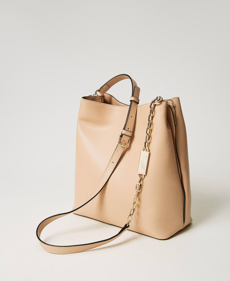 Leather-like hobo bag with Oval T Caramel Woman 241TD8272-03