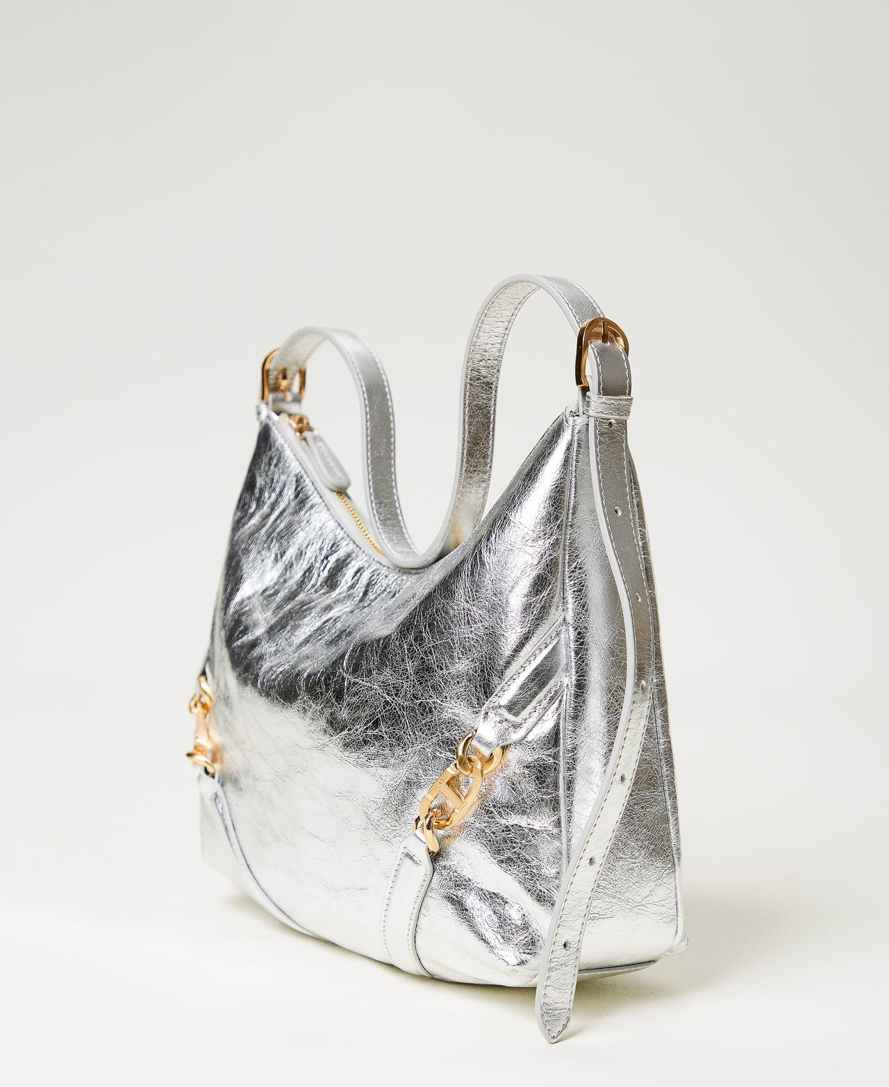  Shiny leather 'Hamptons’ hobo bag Silver Woman 241TD8321_00995_02