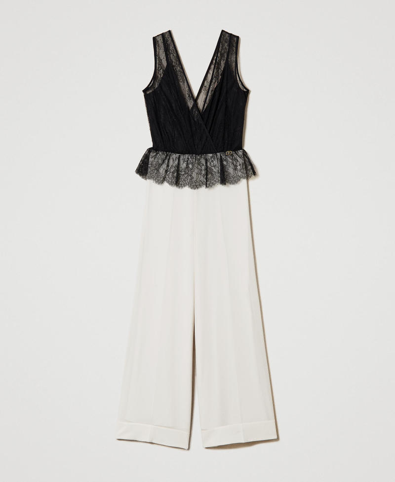 Wide leg jumpsuit with Chantilly lace Bicolour Black / "Snow" White Woman 241TE2122-0S