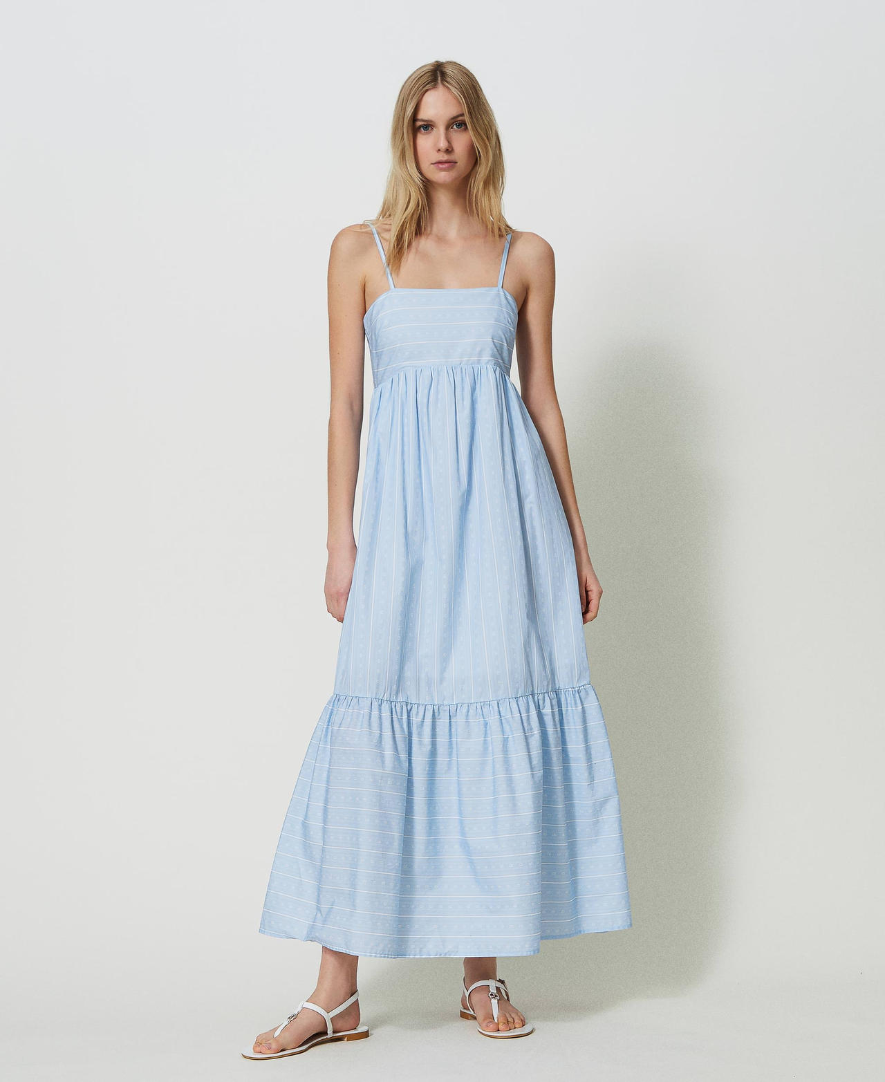 Long dress with stripes and logo print Light Blue / White Monogram Print Woman 241TF2022-02