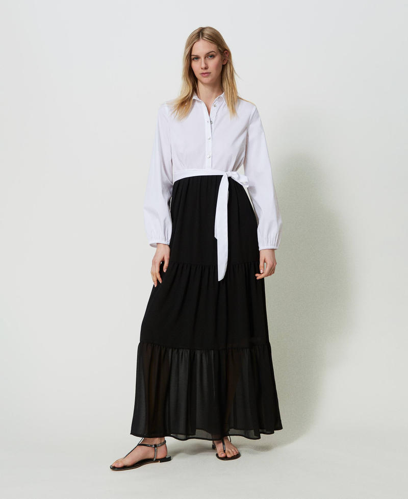 Long poplin dress with flounces Two-tone Optical White / Black Woman 241TF2034-01
