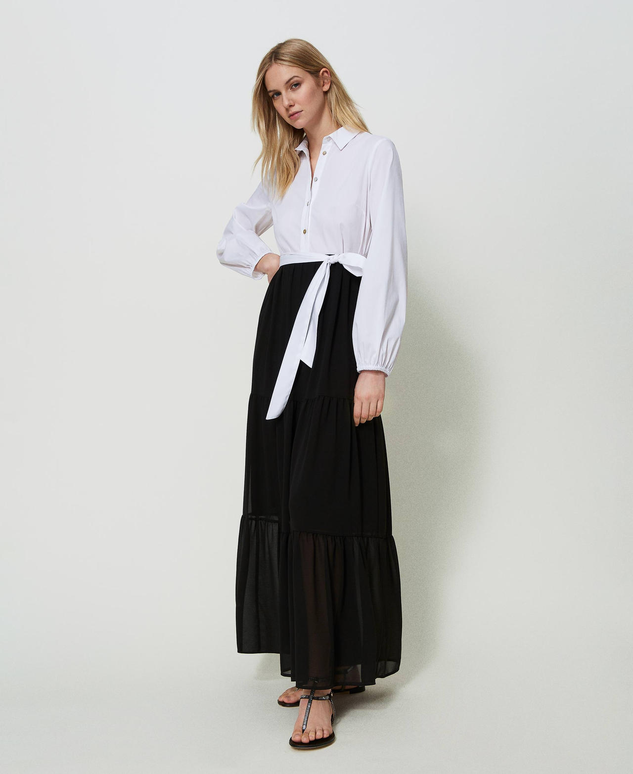 Long poplin dress with flounces Two-tone Optical White / Black Woman 241TF2034-02