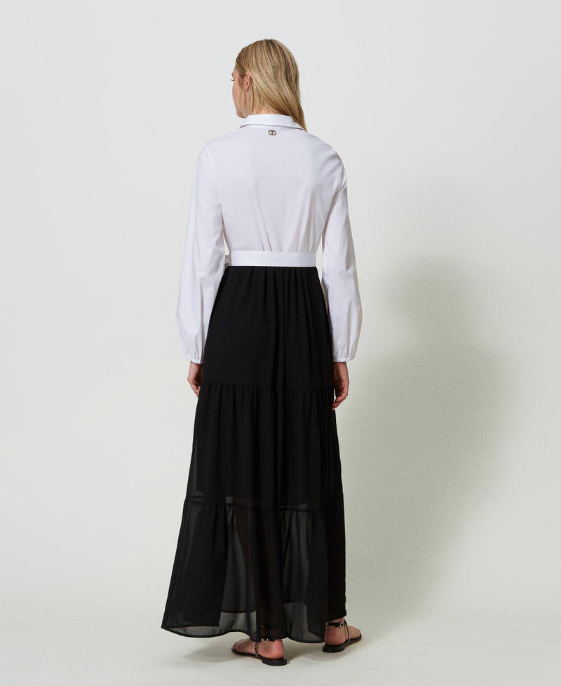 Long poplin dress with flounces Two-tone Optical White / Black Woman 241TF2034-03