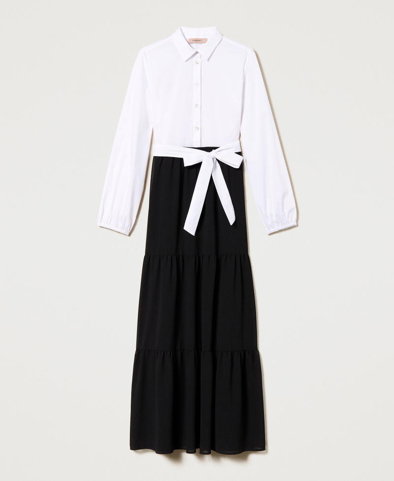 Long poplin dress with flounces Two-tone Optical White / Black Woman 241TF2034-0S