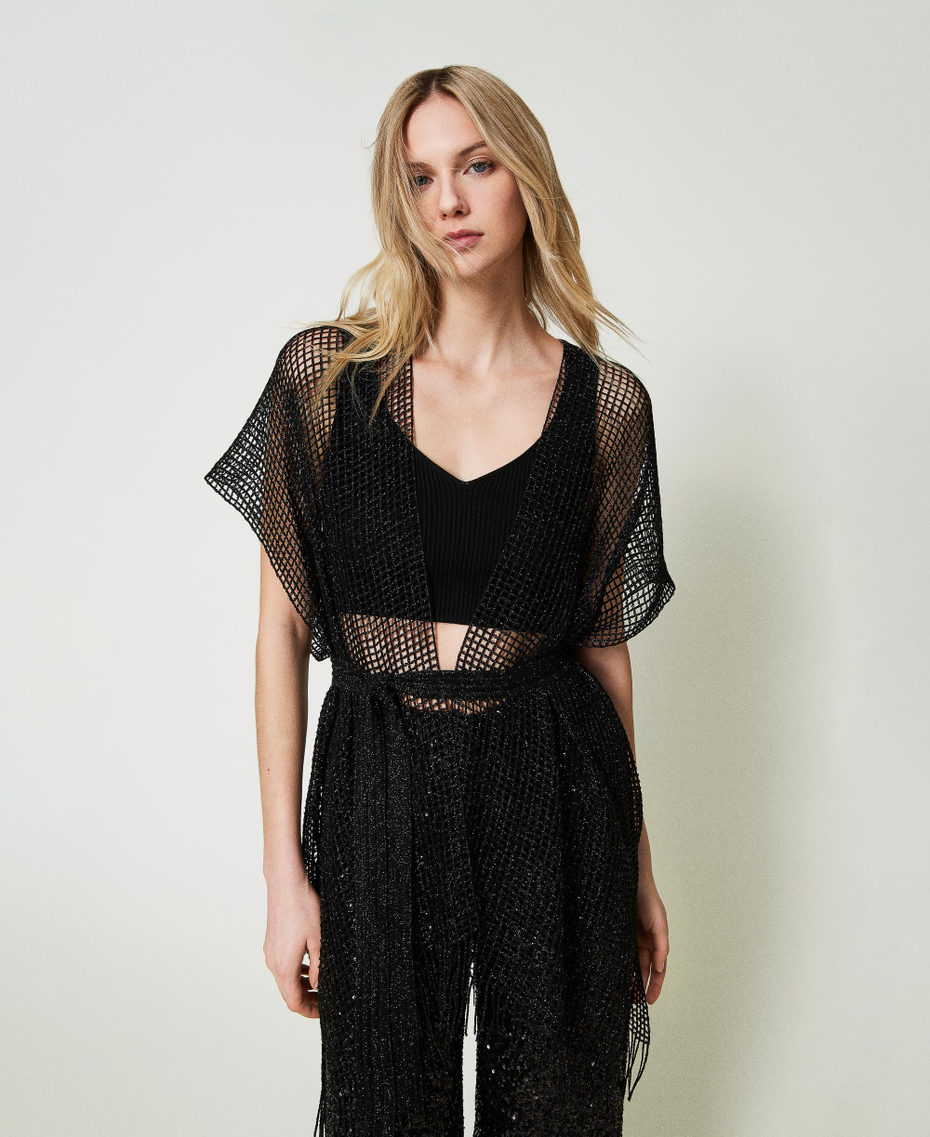 Mesh kimono with fringes Black Woman 241TO5360_00006_01