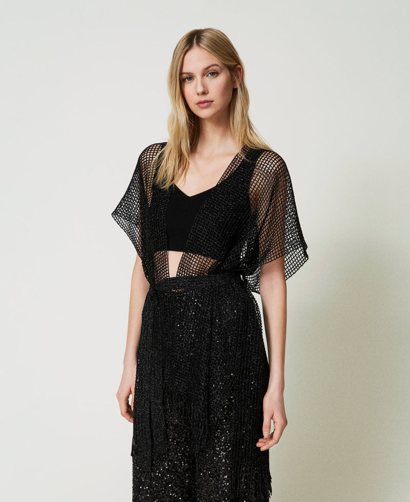 Mesh kimono with fringes Black Woman 241TO5360_00006_02