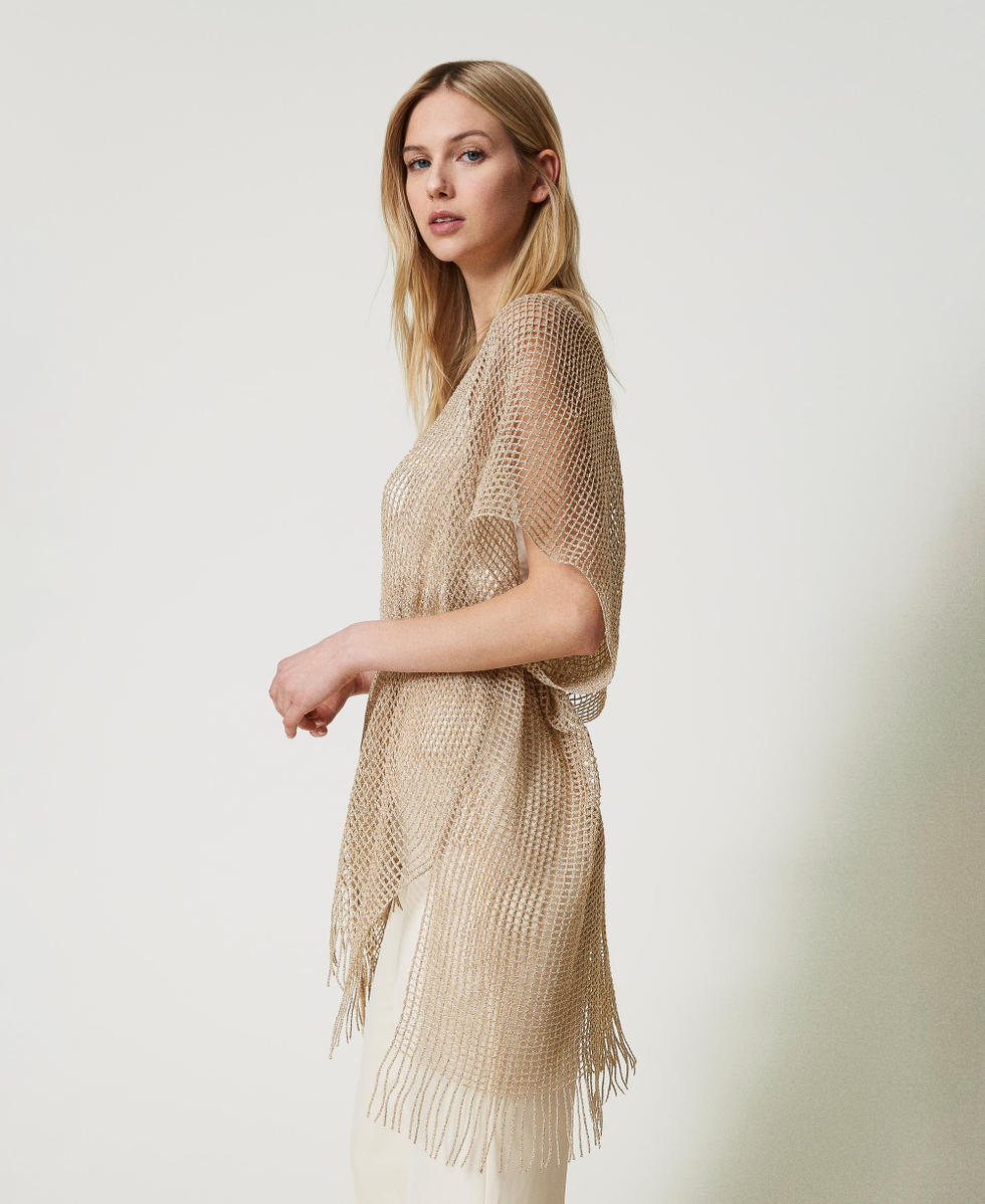 Mesh kimono with fringes Gold Yellow Woman 241TO5360_00050_02