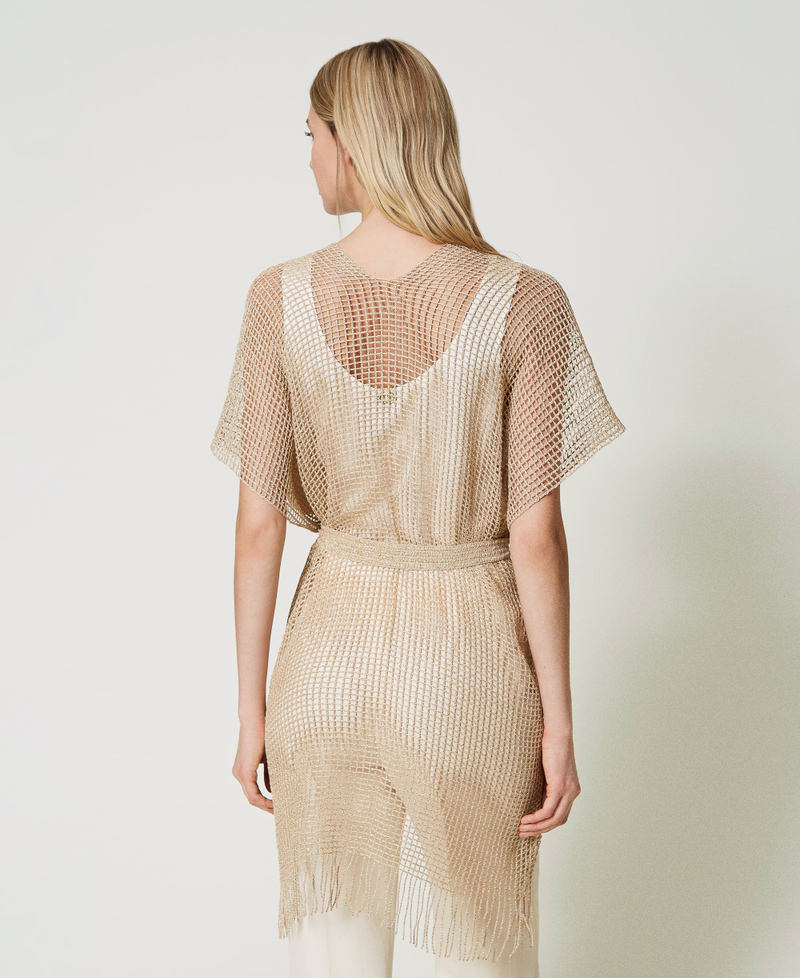 Mesh kimono with fringes Gold Yellow Woman 241TO5360_00050_03