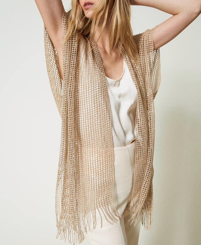 Mesh kimono with fringes Gold Yellow Woman 241TO5360_00050_04
