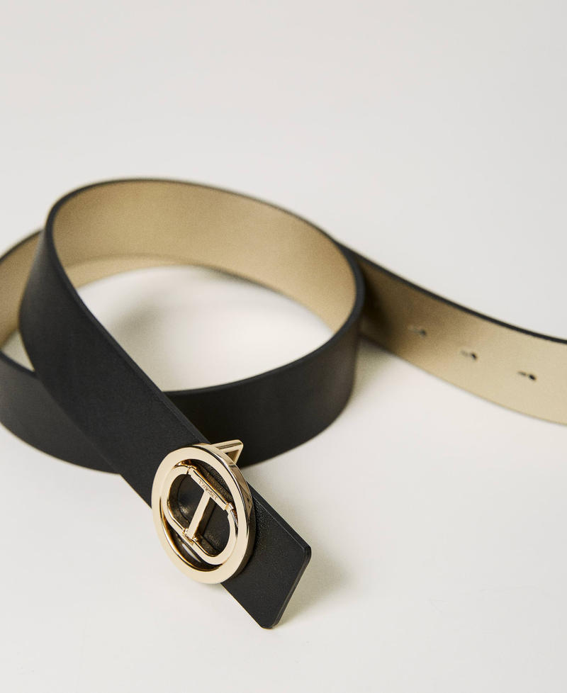 Reversible belt with Oval T and ring Two-tone Black / Gold Woman 241TO5550-03