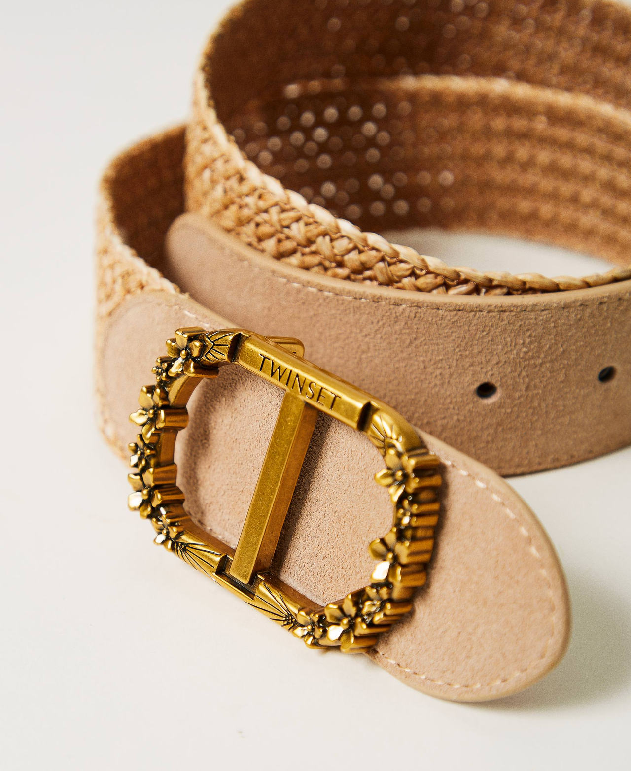 Raffia belt with floral Oval T Straw Woman 241TO5590-02
