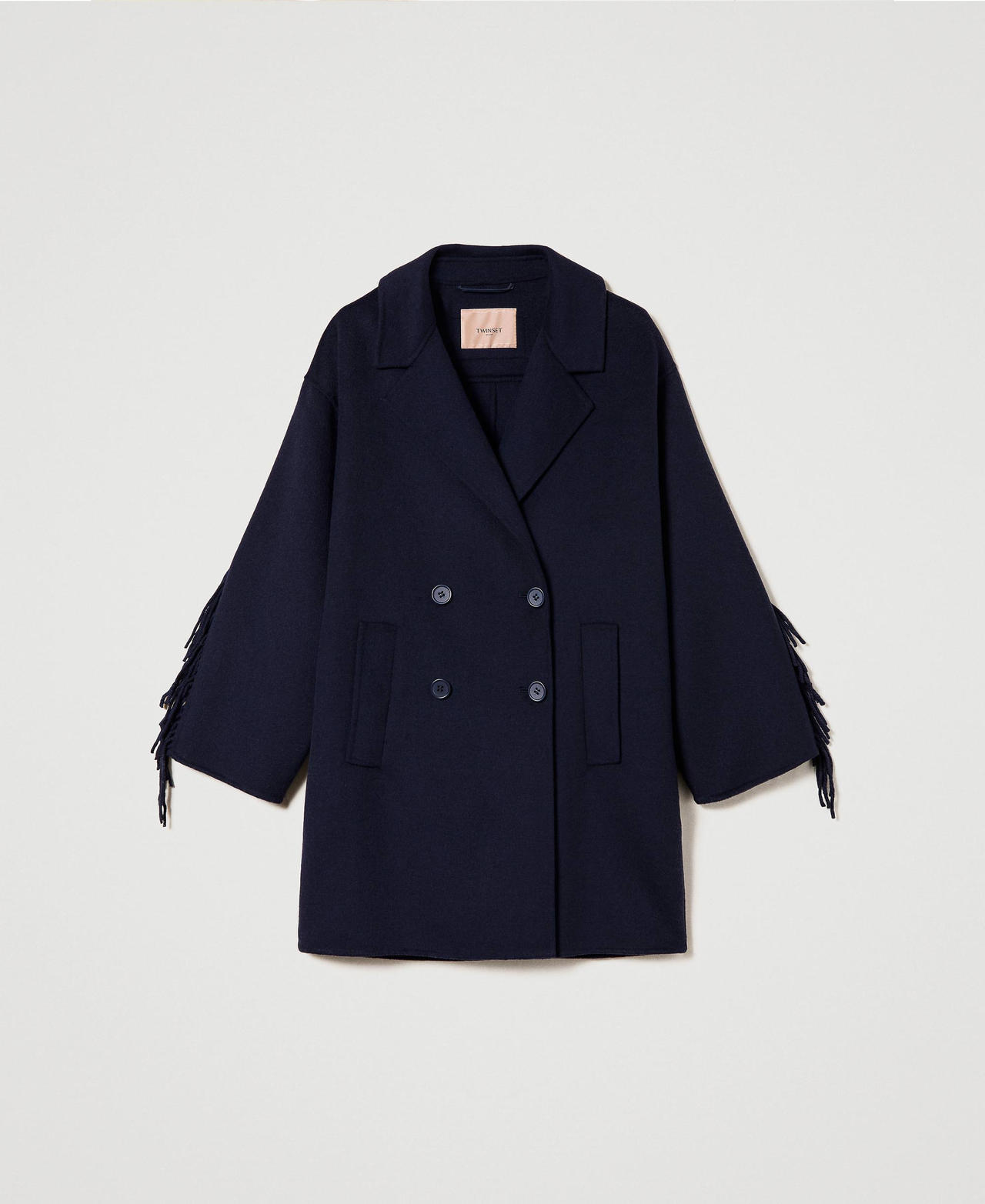 Manteau en tissu double de laine avec franges