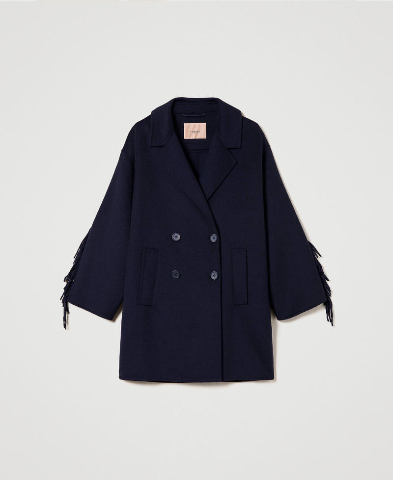 Manteau en tissu double de laine avec franges