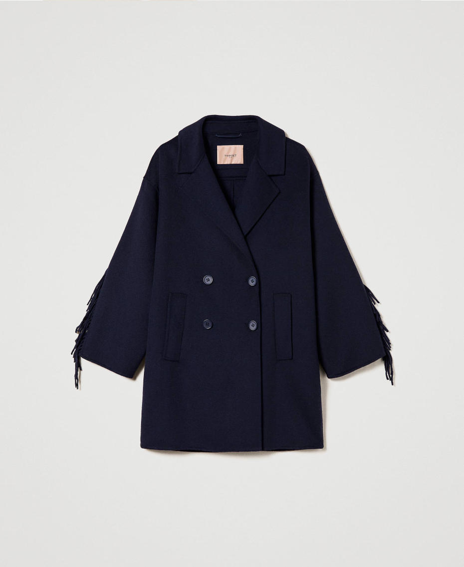 Mantel aus Wolldoppelgewebe mit Fransen Midnight-Blau Frau 241TP2013-0S