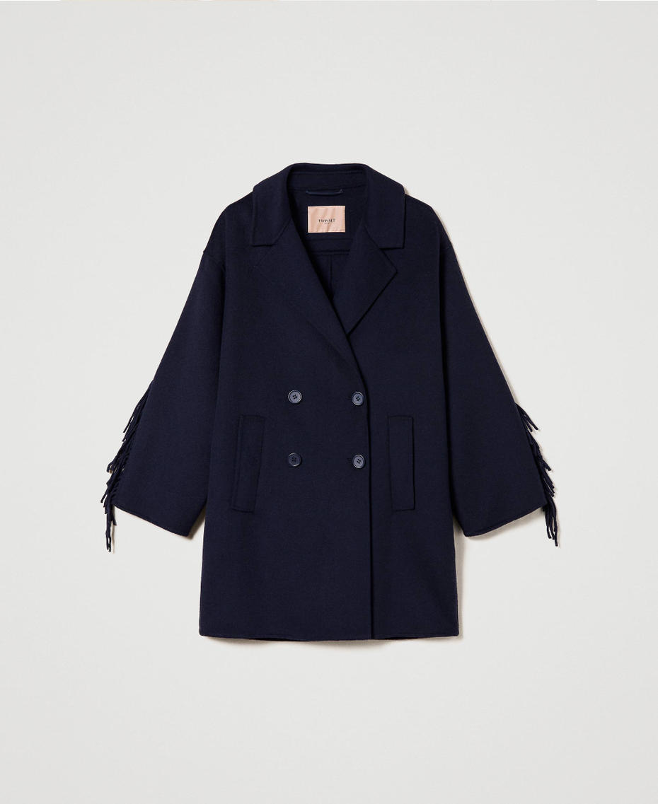 Doubled wool coat with fringes