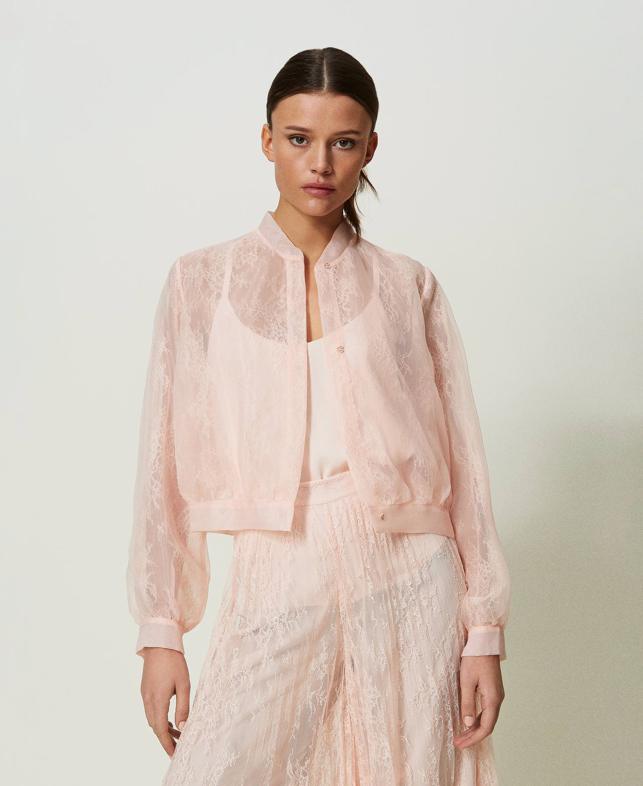 Organza and lace bomber jacket Woman Pink TWINSET Milano