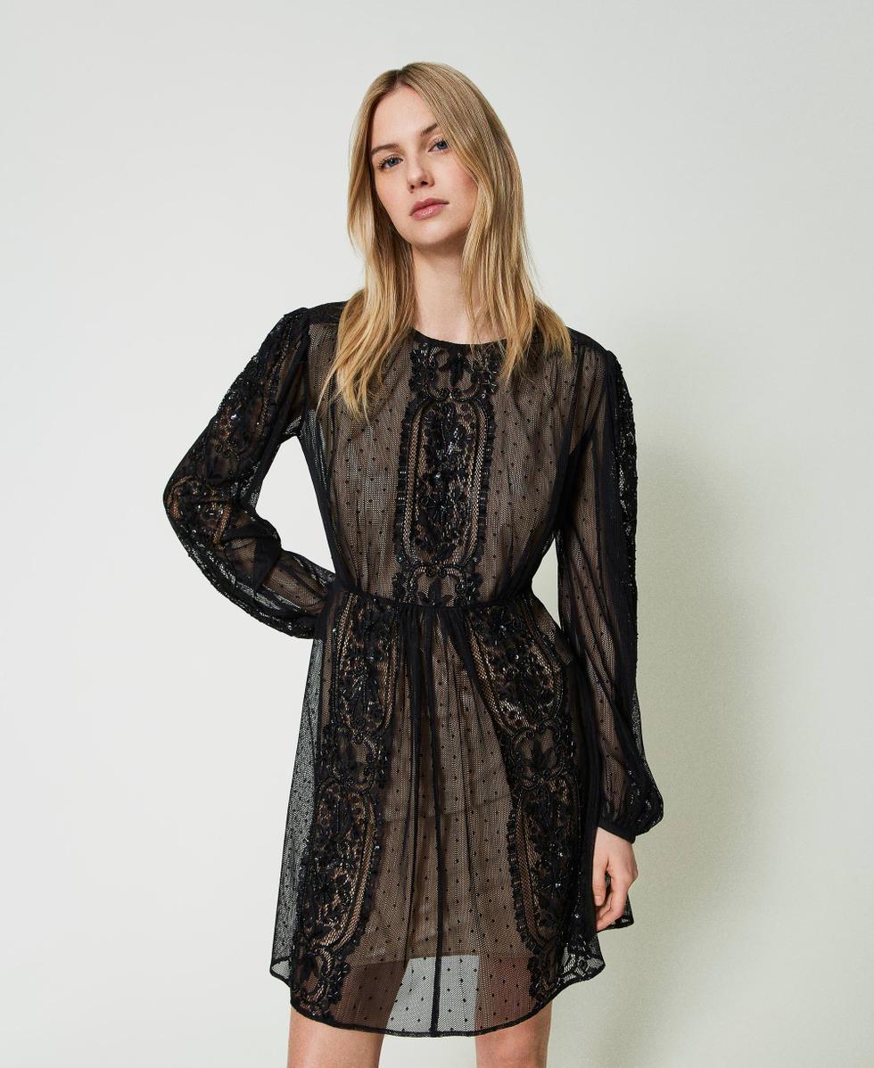 Short mesh dress with floral embroidery Black Woman 241TP2030_00006_01