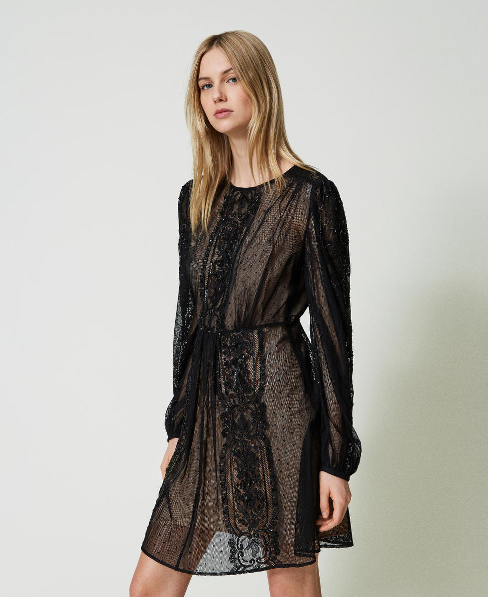 Short mesh dress with floral embroidery Black Woman 241TP2030_00006_02
