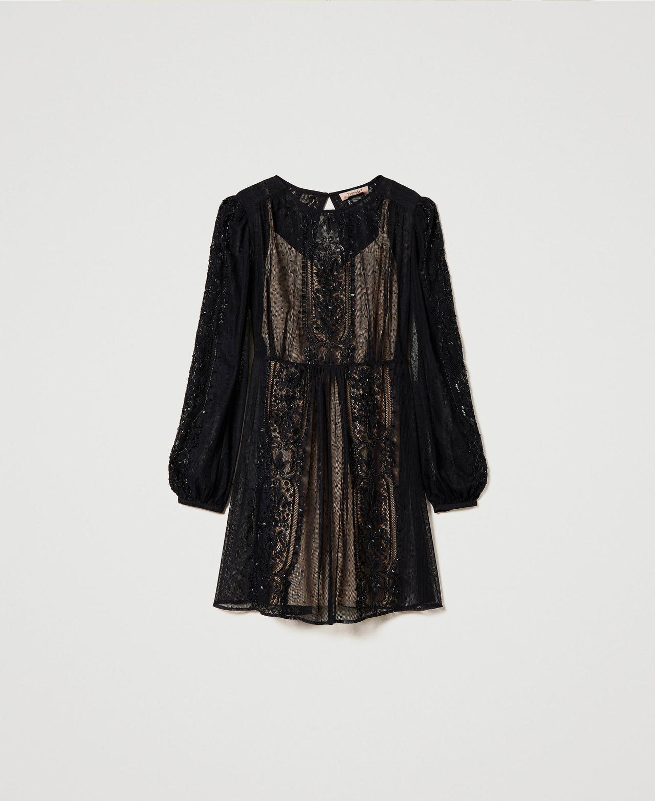 Robe courte en filet avec broderie florale Noir Femme 241TP2030-0S