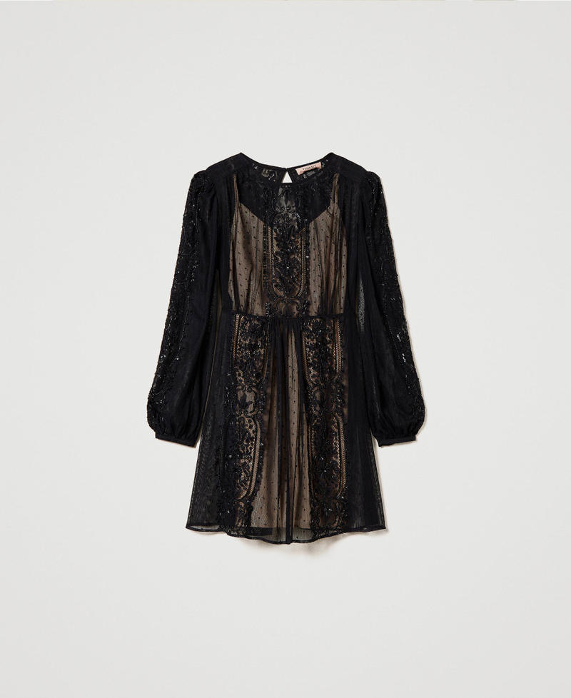 Robe courte en filet avec broderie florale Noir Femme 241TP2030-0S