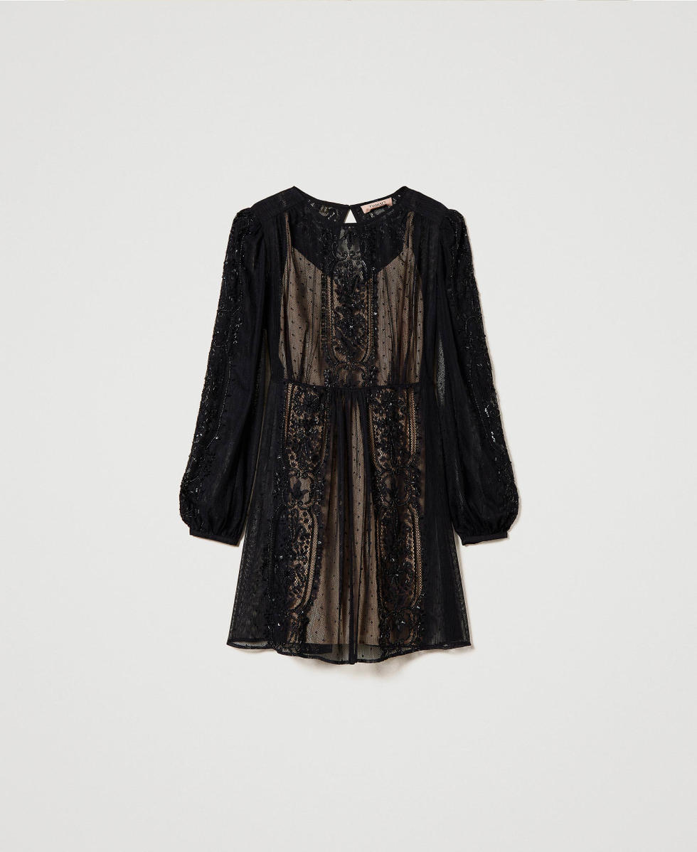 Short mesh dress with floral embroidery Black Woman 241TP2030_00006_S0