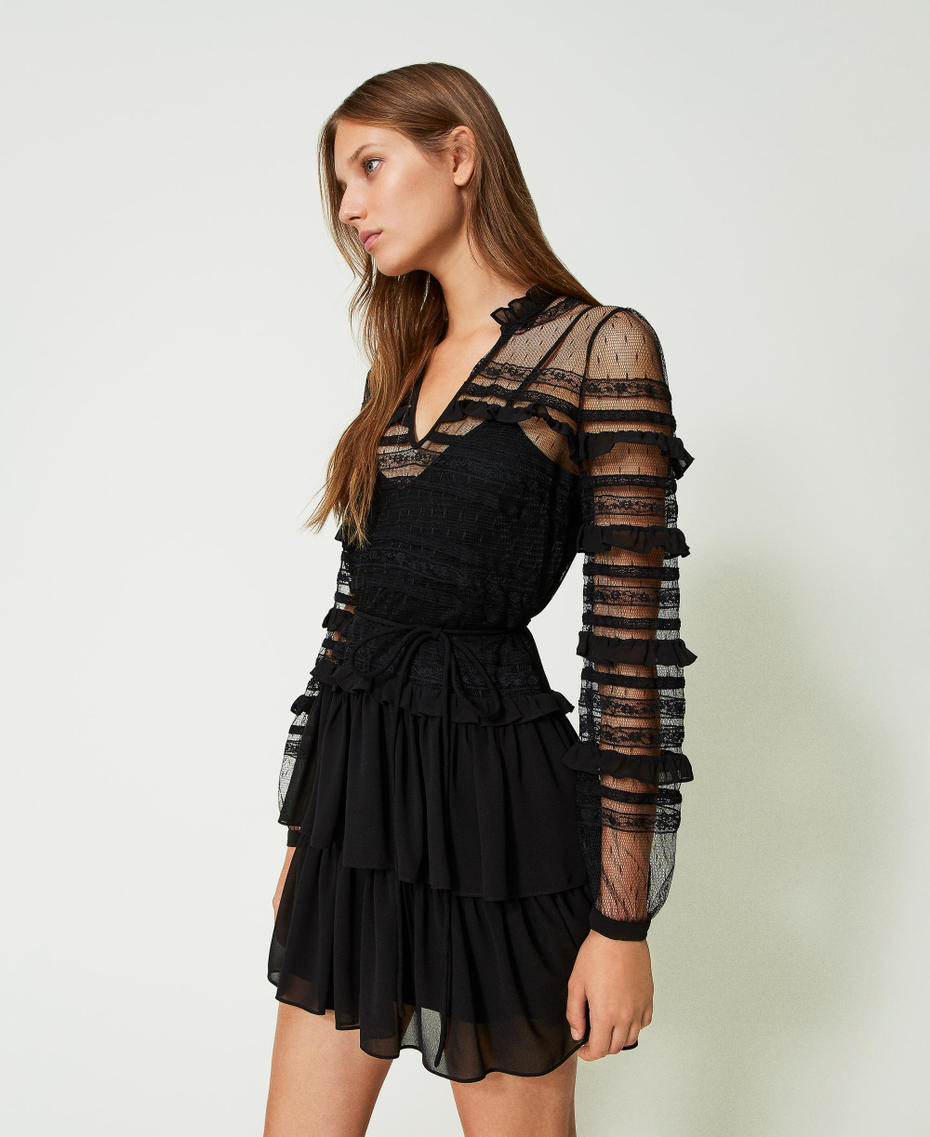 Short plumetis tulle and lace dress Black Woman 241TP2040-03