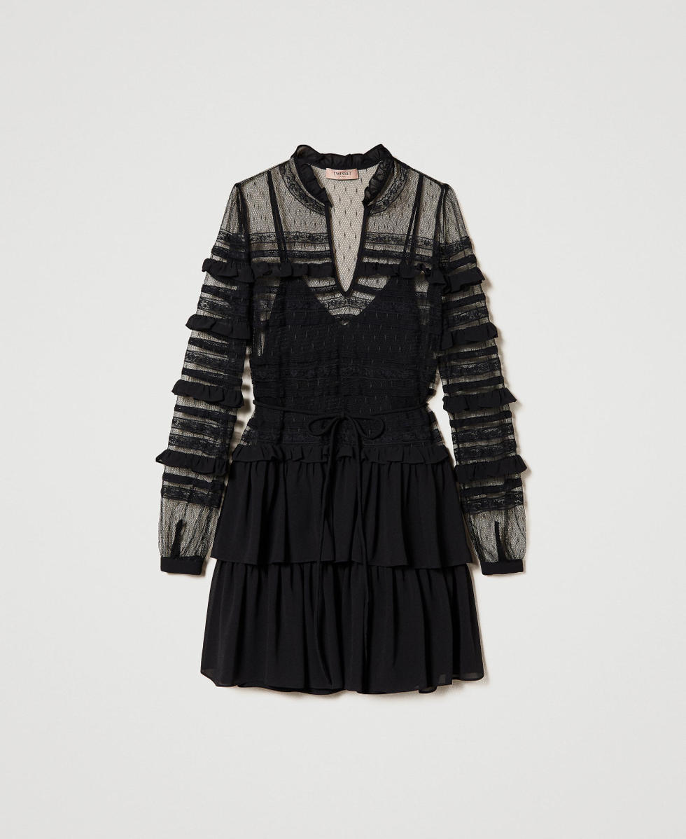 Robe courte en tulle plumetis et dentelle